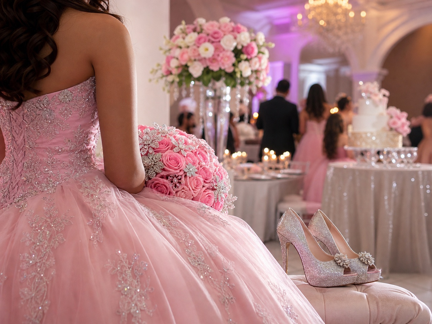 Salón de quinceañera con vestido rosa, flores y pastel