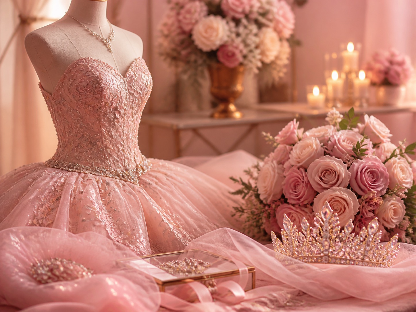 Detalles de vestido, tiara y ramo para sesión de quinceañera