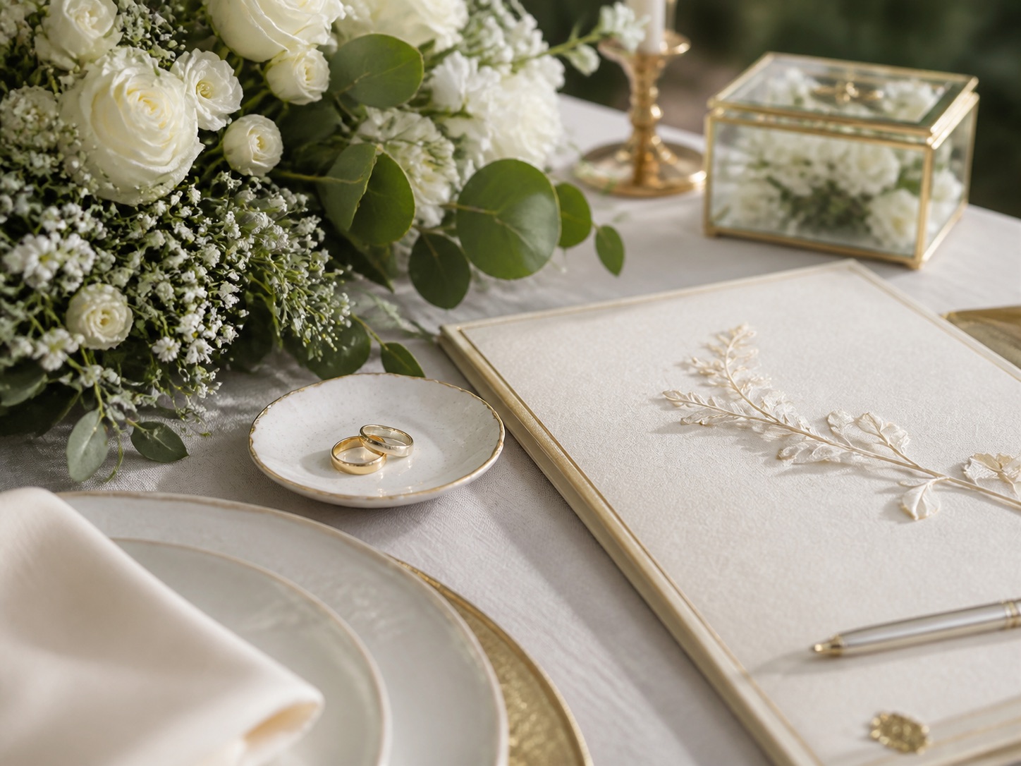 Detalles de ceremonia civil con anillos y flores