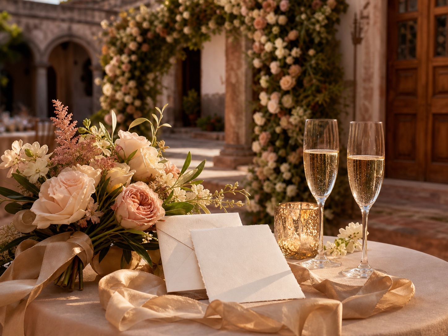 Decoración editorial de boda en una hacienda al atardecer